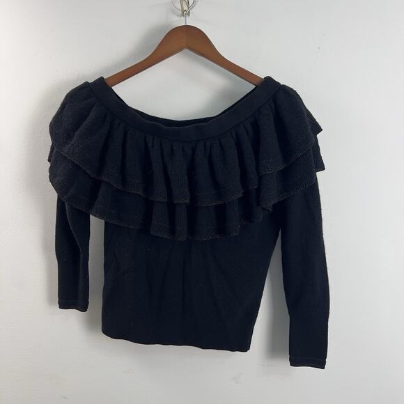 FRAME Off Shoulder Black Ruffled Collar Sweater Woman’s Size Medium Wool Blend - Picture 1 of 6